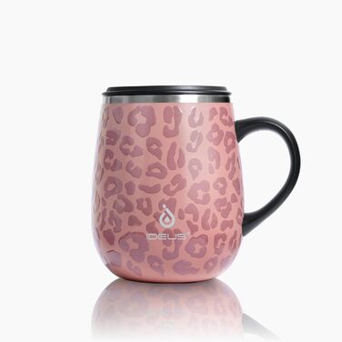 Термокружка Ideus 470 мл з нержавіючої сталі, подвійні стінки, ізоляція, з кришкою-ковпачком, протиковзкий наклад, зелений/рожевий (Leopard Rosa)