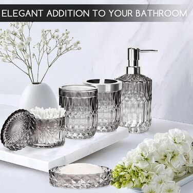 Набір аксесуарів для ванної кімнати 5 предметів: дозатор для мила та лосьйону, склянка для зубних щіток, стаканчик, мильниця, органайзер (чорний/прозорий) - сучасний декор для ванної, кухні, туалетного столика