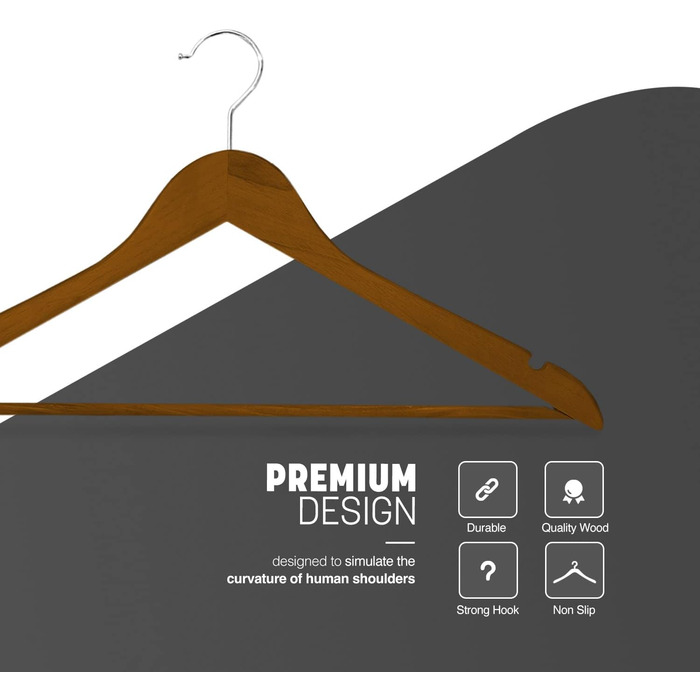 Плечики для одягу Keplin Starker з натурального дерева (30 шт.) з обертовим гачком 360° та перекладиною для штанів, з вирізами для плечей - міцні та економні, для пальто, жакети, костюми, сріблясті