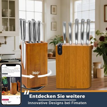 Fimaten 6-Piece Wooden Knife Block Set - Kitchen Knife Set with Chef's Knife, Santoku Knife, Bread Knife, Fruit Knife, Utility Knife & Sharpener