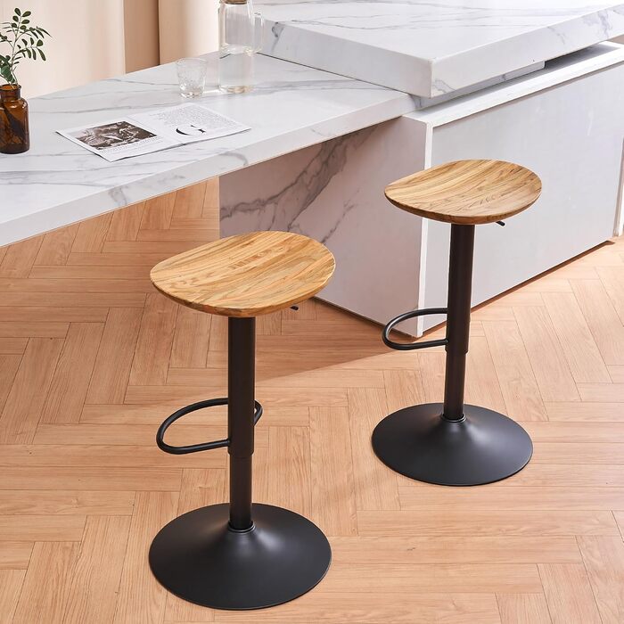 Kidol Adjustable Height Bar Stools 2-Pack - 360° Swivel, Round Wooden Seat, Metal Frame, for Kitchen/Bar/Living Room (Brown)