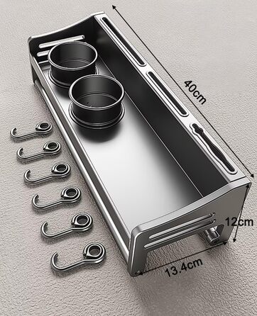 Настінна полиця для спецій, кухонна полиця без свердління, сіра, 50х13.4х12 см. Металевий органайзер для спецій з гачками та 2 тримачами для кухонного приладдя