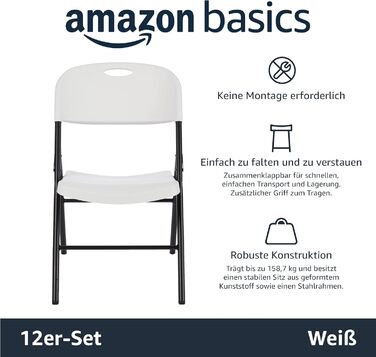 Amazon Basics Folding Chairs, Plastic and Metal, 4-Pack, Camping Chair, Kitchen Chair, Indoor and Outdoor, Up to 158 kg, 4 Pieces (2 Pieces, White)