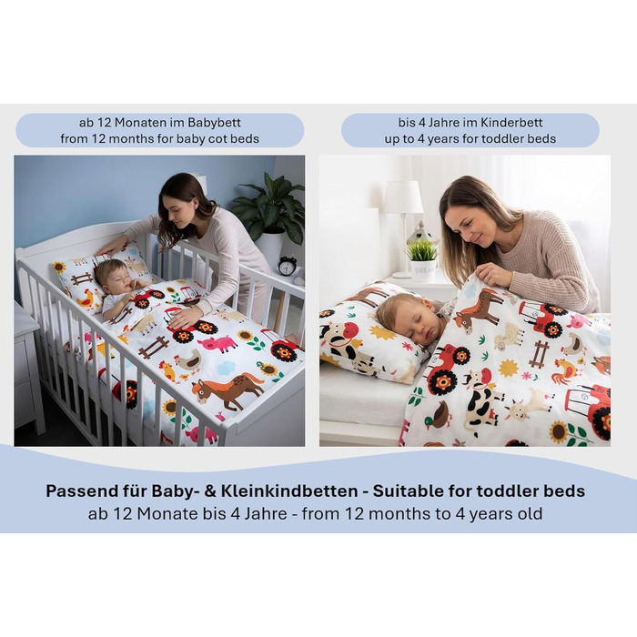 Комплект постільної білизни для дитячого ліжечка: простирадло 100x135 см та наволочка 40x60 см з бавовни, сертифікат Öko-Tex Standard, для хлопчиків та дівчаток (фермерський дизайн)