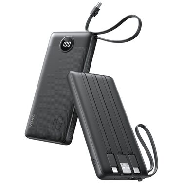 Повербанк VRURC 10000 mAh з 4 вбудованими кабелями, тонкий портативний зовнішній акумулятор (темно-сірий)