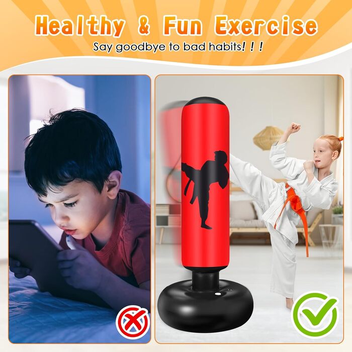 Боксерський мішок для дітей Ninonly з рукавичками та насосом. Ідеально для дому, вулиці, спортзалу від 6 років. Червоний.