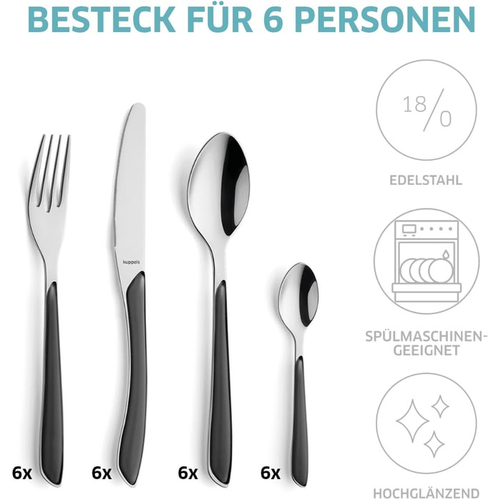 Набір столових приборів Kuppels Prisma для 6 осіб з нержавіючої сталі, рожеві ручки | 24-частини | Нержавіючі столові прибори | Миючі в посудомийній машині