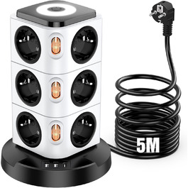 Багаторозкладна мережева розетка Acodot Tower з USB, 12 розеток, захист від перенапруги, 4 вимикачі, нічник, 3 USB-порти, кабель 3м, 2500W, для офісу, білий