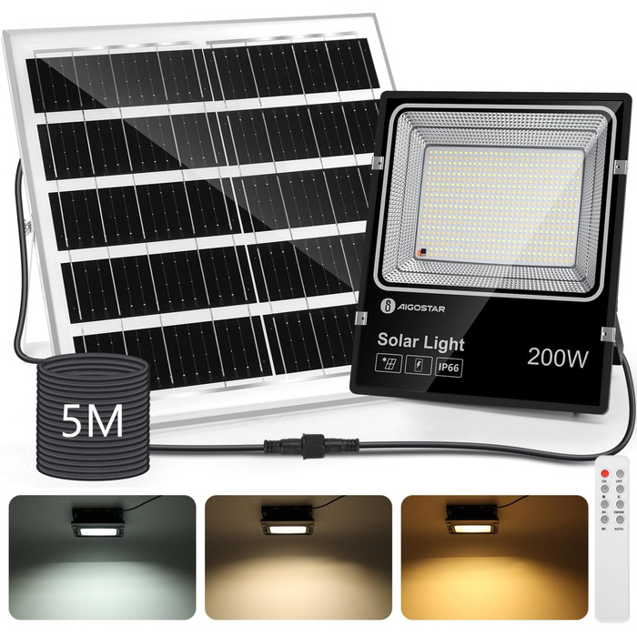 Aigostar Solar LED Floodlight Outdoor with Large Solar Panel, 5m Cable, Dimmable 3000K/4500K/6500K, 8000mAh, Large Battery Capacity, IP66, Solar Lamps for Outdoors, Gardens, Solar Light with Remote Control (16000mAh, 5M Cable)