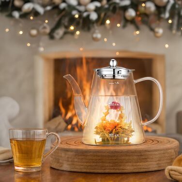 Скляний чайник із ситечком 1200 мл з боросилікатного скла з мірною шкалою для листового чаю та чайних квітів, подарунковий набір