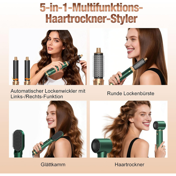 Мультистайлер для волосся 5-в-1 Air Styler 1000W: фен-щітка, автоматичний локон, вирівнювач та об'ємний стайлер, зелений