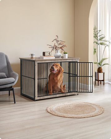 Клітка для собак Feandrea XL, меблева, з журнальним столиком, для собак до 37 кг, міцна, закритий дно, 2 двері, сірий меланж (110 x 76 x 82 см)