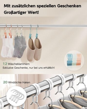 Стійка для сушіння білизни 200 см, складна, для дому та вулиці, нержавіюча сталь, 20 гачків, 12 кліпс, 3 перекладини