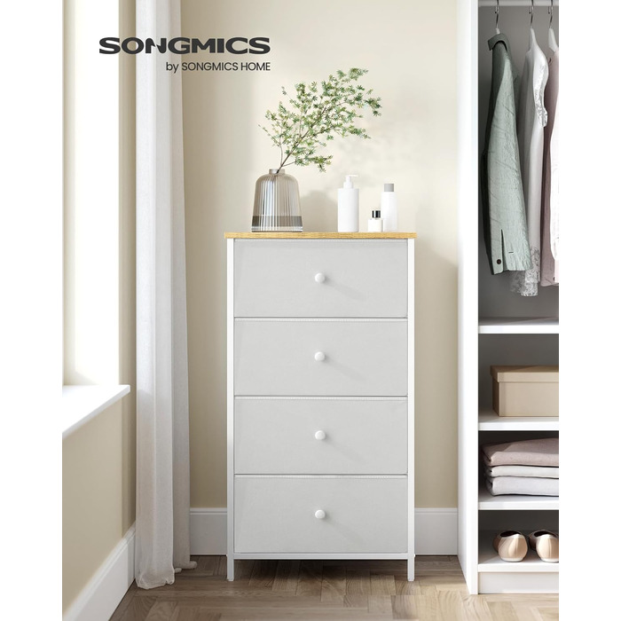 SONGMICS Chest of Drawers, Storage Cabinet with 4 Fabric Drawers, Metal Frame, Tall and Narrow, White-Oak Finish LTS314W57