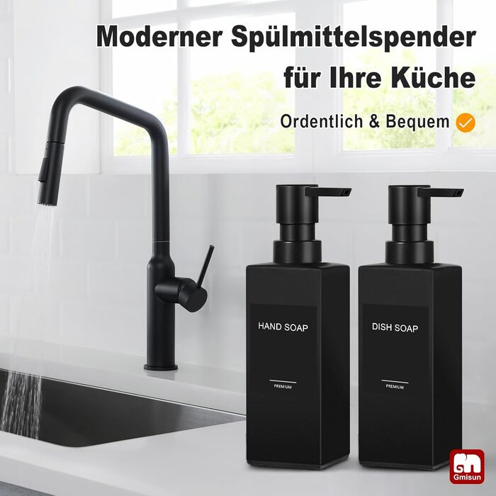 Дозатор для мила GMISUN для ванної кімнати та кухні, 350 мл, чорний скляний диспенсер з піддоном та водонепроникними етикетками (2 шт)