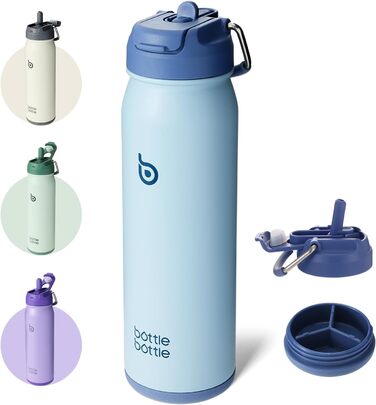 BOTTLE BOTTLE Stainless Steel Water Bottle 24oz (709ml) with Straw Handle and Pill Compartment for Outdoor School, Insulated Sports Bottle (Blue)