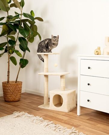 Lionto Scratching Post for Cats with Cave and Plush Ball incl. Bell, Height 85 cm, Cat Tree with Sisal & Plush, Cozy Resting Areas & Cave, Suitable for Small & Large Cats, Beige