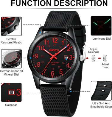 Чоловічий годинник: аналоговий кварцовий годинник на зап'ястя, водостійкий, стильний, дизайнерський (07- Чорний/Червоний)