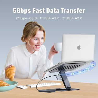 Регульована підставка для ноутбука на стіл з док-станцією, 9-в-1, алюмінієва підставка для ноутбука з USB-хабом, 360° обертання, Dual-Display 4K60Hz HDMI, 3 USB 3.0, 100W PD зарядка, для MacBook Pro Air/Dell