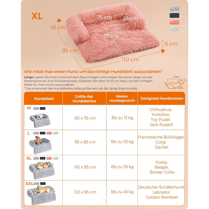 Feandrea FluffyHug Dog Bed, Plush, Dog Blanket Sofa, Sofa Protector Dog, Dog Cushion, Size M, for small and medium-sized dogs, 80 x 75 x 16 cm, PGW221G02 (L 110 x W 95 x H 18 cm, Pink)