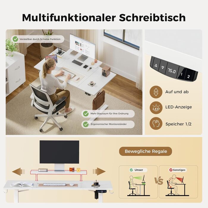 Електричний регульований стіл Agilestic з підсвічуванням, USB-портом та мобільним кріпленням для монітора, 140 x 80 см (Білий)