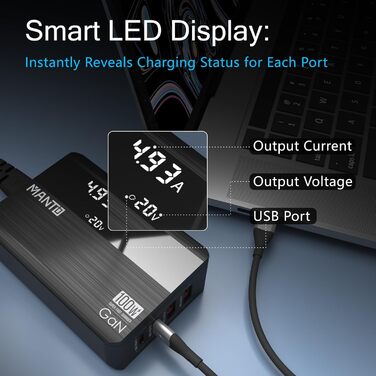 Зарядний пристрій MANTO 100W GaN USB-C з LED-дисплеєм, 4 порти (2x Type-C, 2x Type-A), PD 3.0, QC 3.0, для MacBook, iPhone, iPad, Samsung, ноутбуків