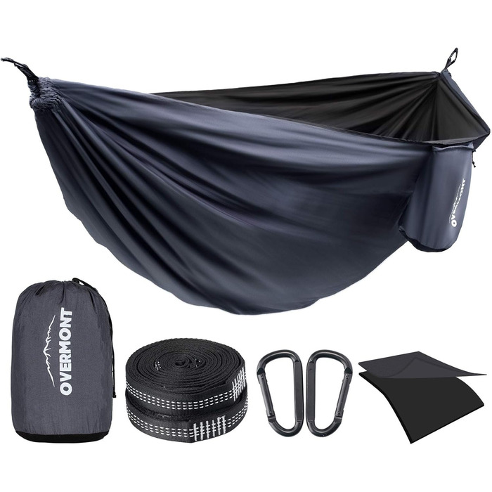 Гамак Overmont двошаровий сертифікований TÜV, 400 кг, 280x185 см, нейлон, для кемпінгу, відпочинку на природі, чорний, темно-сірий