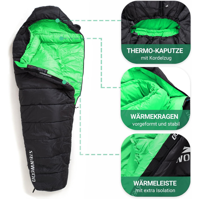 Спальний мішок Steinwood Premium ковдру 3-4 сезони 210см - Outdoor, мішковидний, для гірських хат, літній - оливковий - двосторонній блискавка (3/4 сезони - чорний/зелений - двосторонній блискавка)