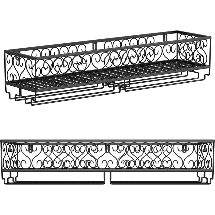 W-612 Metallic Black Wall-Mounted Wine & Champagne Glass Goblets Stemware Rack Holder, 80 x 20 cm Capacity up to 18 Bottles of Wine and 18 Glasses