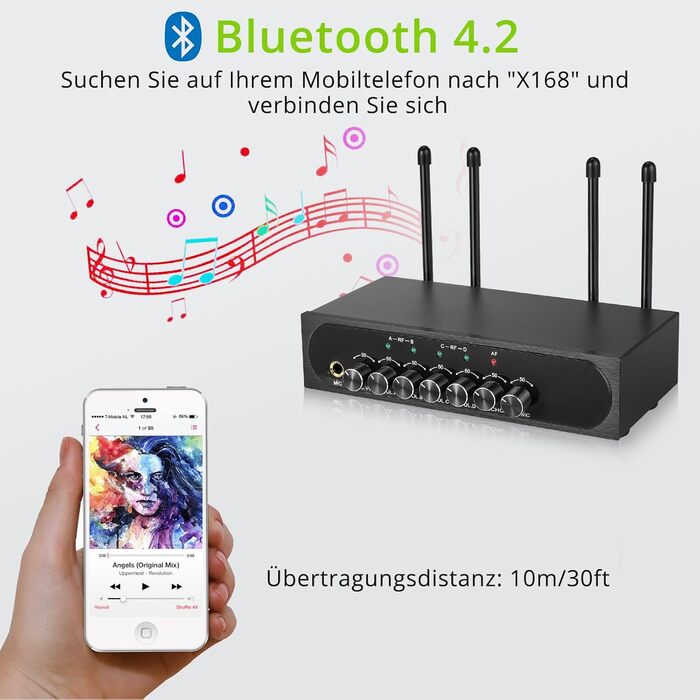 LiNKFOR UHF мікрофонний комплект з 4-ма ручними мікрофонами, 50 каналів, Bluetooth, AUX - для DJ, співу, церкви, весіль