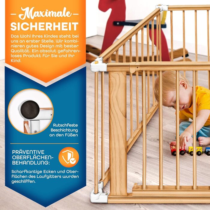 Дитячий манеж KIDUKU® XXL 7,2 м: розкладний, з дверцятами та подвійним замком | 8 елементів, індивідуальна форма, білий/натуральний колір