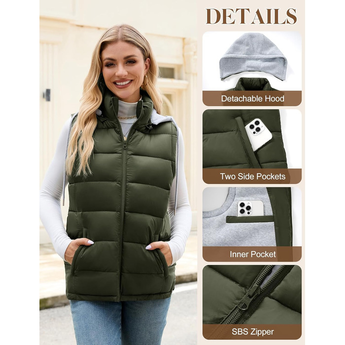 Степова жилетка Vancavoo з капюшоном: тепла, зручна, для осені та зими (армійний зелений, розмір L)