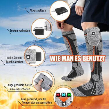 Гріючі шкарпетки з акумулятором 6000mAh, електричні гріючі шкарпетки для жінок та чоловіків, 3 режими нагріву, для зимових видів спорту на відкритому повітрі, помаранчевий + сірий