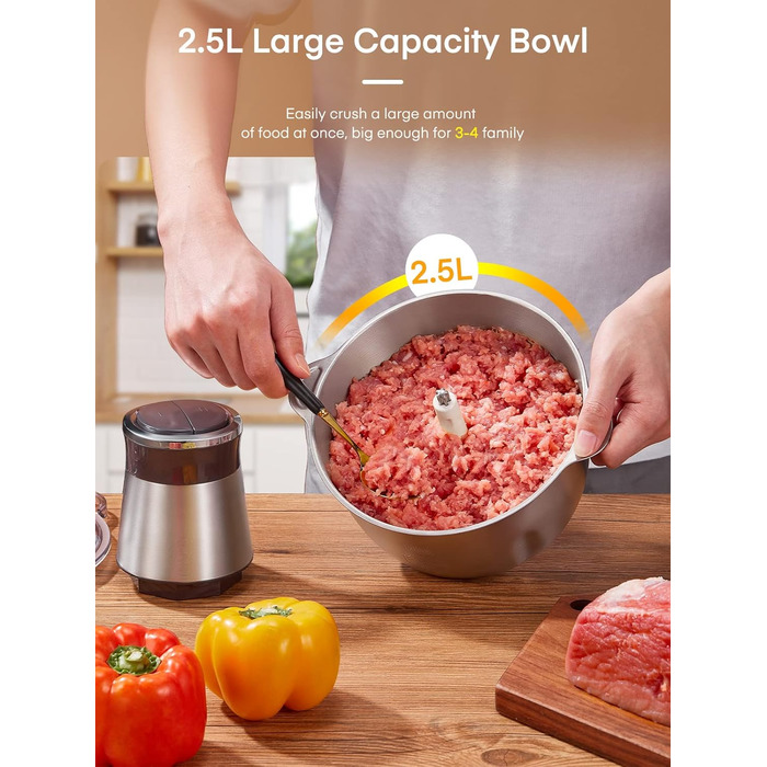 Електричний подрібнювач FOHERE для кухні, 350W, з чашею 2.5л з нержавіючої сталі та 2 швидкостями, 4 леза з нержавіючої сталі для м'яса, цибулі та овочів