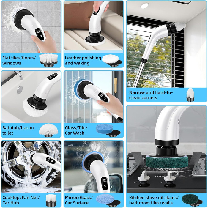 Електрична щітка для чищення Spin Scrubber бездротова з 8 змінними насадками, регульована ручка, для ванної, авто, кухні, плитки, підлоги