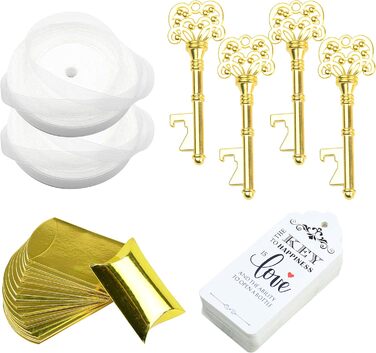 Makhry 50-Piece Skeleton Bottle Opener Wedding Bottle Opener Wedding Key Wedding Souvenir Gift Set Gift Set with Box Band Label (Antique Gold)