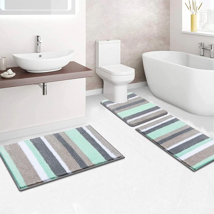Pauwer Microfiber Bath Mat Set - 3 Piece Non-Slip Absorbent Bathroom Rugs for Shower, Bathtub & Toilet - Washable Bath Mat & Toilet Mat (Green)