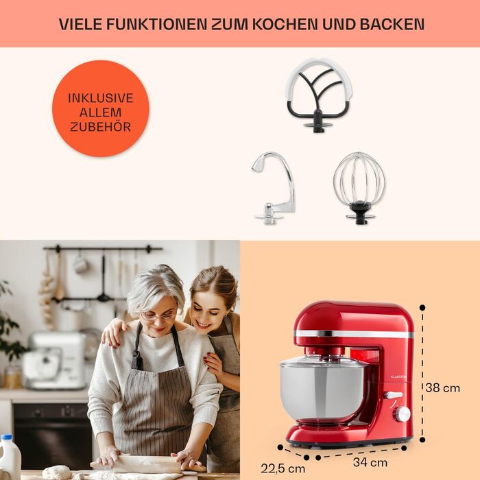 Klarstein Stand Mixer, dough mixer with 5L bowl, 1800W professional stand mixer with dough hook and whisk, universal kitchen machine with 6 speeds, dough machine for stirring, kneading and whipping