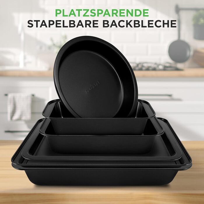 Набір для випічки Nutrichef 10 предметів з антипригарним покриттям. Включає: форма для кексів, форма для тортів, дека для піци, форми для мафінів, хліба та інше. Можна мити в посудомийній машині, складається. Чорний колір.