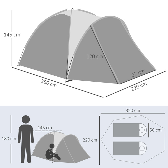 Outsunny Camping Tent for 2-3 People, Dome Tent with Door and Mesh Windows, Weatherproof with PU2000mm, Includes Grey Carrying Bag