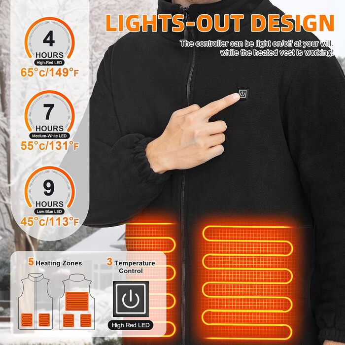 Обогревна куртка TOUVE з 5 зонами підігріву, регулюванням температури, Polar Fleece, для жінок та чоловіків, чорний (2025)