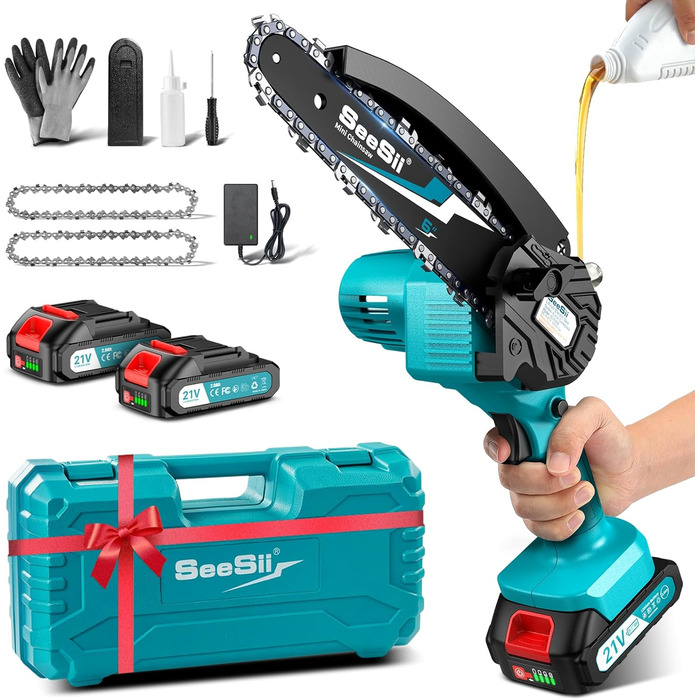 Акумуляторна міні-пила SEESII 6 дюймів з автоматичною подачею мастила, 8000mAh, для стрижки гілок та різання деревини