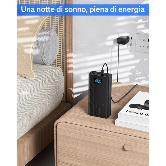 Power Bank 50000 mAh з вбудованим кабелем, швидка зарядка 22.5W, LED ліхтарик, 7 портів (3 входи) - портативний акумулятор