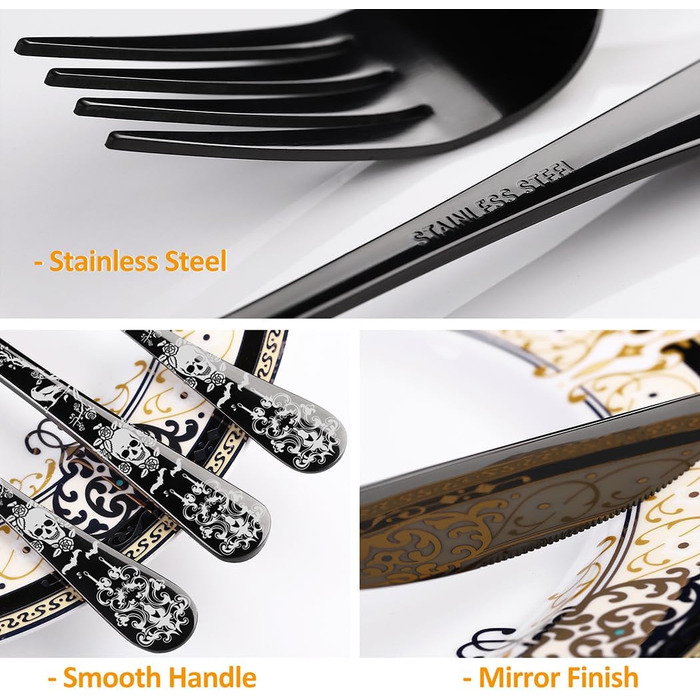 Набір столових приборів Xiaoyu 20 предметів, чорний, з дизайном черепів, готичний, нержавіюча сталь, на 4 особи. Столові прибори на Хелловін