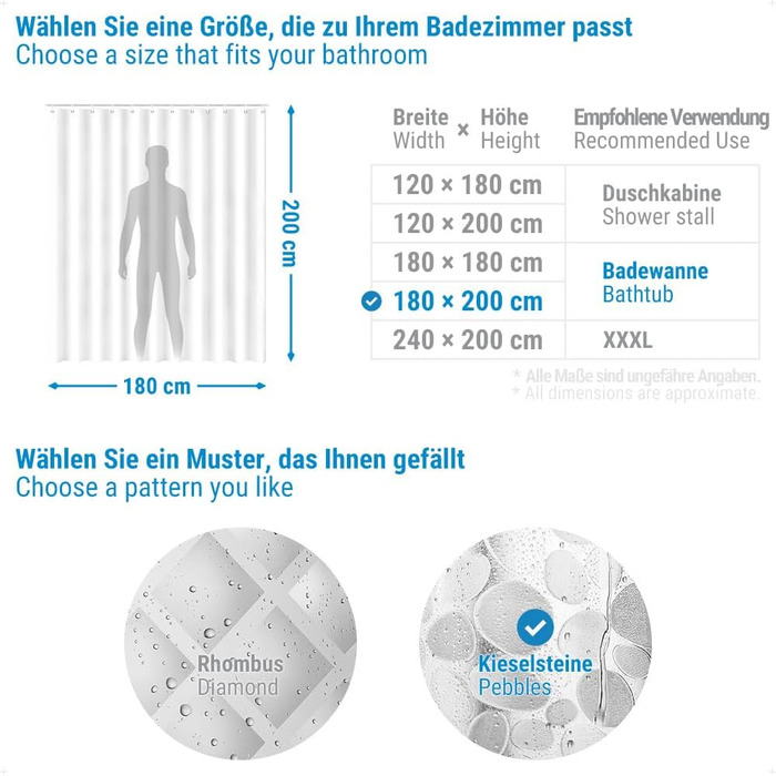 Шторка для душу Ecooe з 3D-паттерном каміння, прозора, водонепроникна, антигрибкова, 180 x 200 см, з 12 кільцями, для ванної кімнати, товщина 0,20 мм