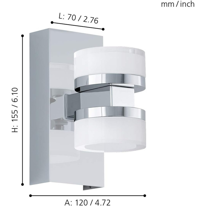 EGLO LED Wall Lamp Romendo 1, 2-Flame Wall Light Bathroom Dimmable, Bathroom Lamp Made of Metal in Chrome and Satinized Plastic, LED Damp-Proof Light Warm White, IP44