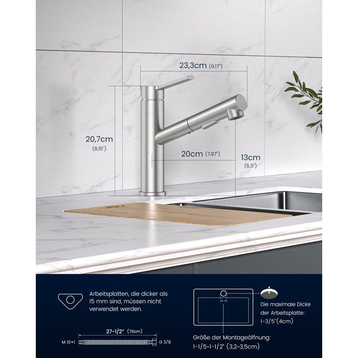 Однолеверний змішувач для кухні Dayone з висувною лійкою, нержавіюча сталь, 3 режими, 360° обертання, для кухонних мийок (15 см), матовий, преміум якість