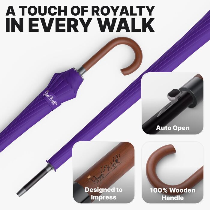 Гольф-парасолька Royal Walk XXL 54 дюйми (137 см) для 2 особи, автоматична, стійка до вітру, водонепроникна, з дерев'яною ручкою, 16 ребер, унісекс, лілова