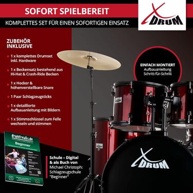 XDrum Rookie 20' барабанний комплект для студії Ruby Red – ідеальний для початківців, стильне чорне обладнання, з паличками, інструкцією та школою барабанів – червоний