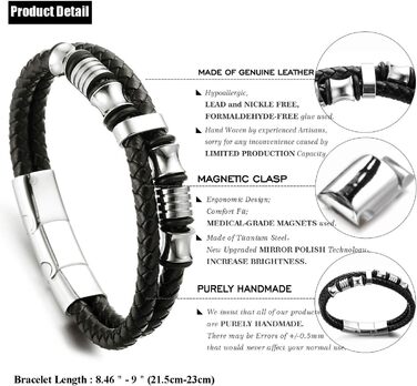 Браслет дитячий Halukakah Ehre Junior для хлопчиків зі шкіри чорного бика, з магнітним застібком, покриттям сріблом/золотом, титановими перлинами, в подарунковій коробці (6-12 років, 18-19.5 см)